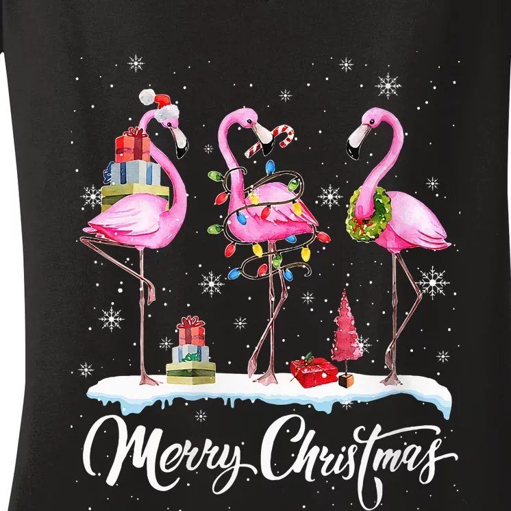 Merry Christmas Hat Santa Flamingo Light Snow Xmas Pajamas Women's V-Neck T-Shirt