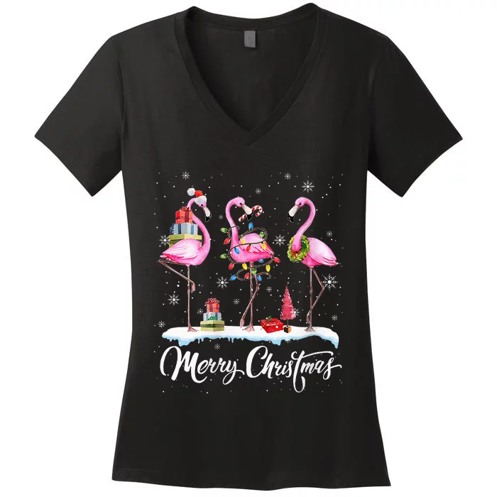 Merry Christmas Hat Santa Flamingo Light Snow Xmas Pajamas Women's V-Neck T-Shirt