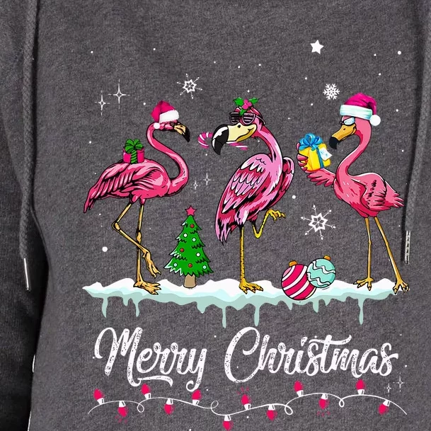 Merry Christmas Hat Santa Flamingo Snow Xmas Pajamas Womens Funnel Neck Pullover Hood