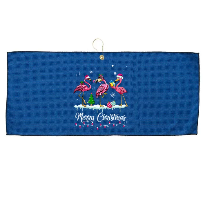 Merry Christmas Hat Santa Flamingo Snow Xmas Pajamas Large Microfiber Waffle Golf Towel