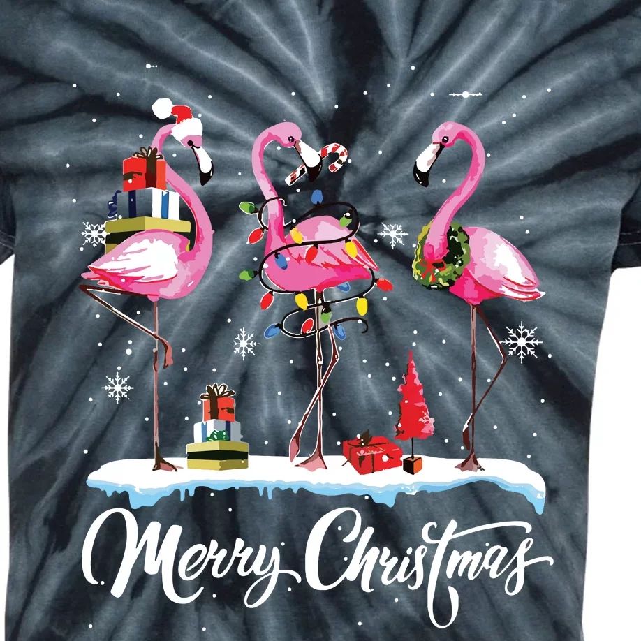 Merry Christmas Hat Santa Flamingo Light Snow Xmas Pajamas Kids Tie-Dye T-Shirt