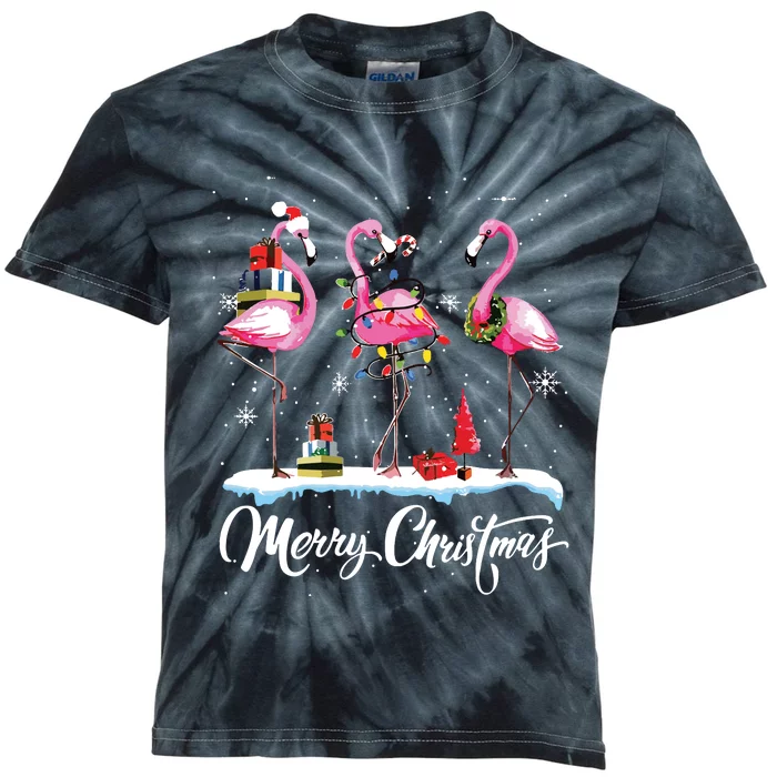 Merry Christmas Hat Santa Flamingo Light Snow Xmas Pajamas Kids Tie-Dye T-Shirt