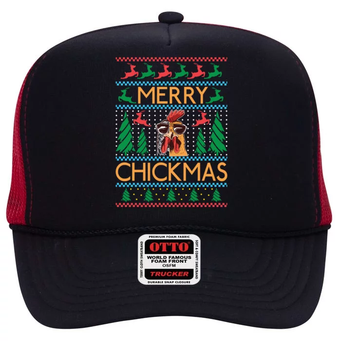 Merry Chickmas Hen Chicken Lover Gift High Crown Mesh Trucker Hat