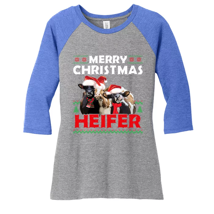 Merry Christmas Heifers Funny Cows Snowing Ugly Xmas Sweater Gift Women's Tri-Blend 3/4-Sleeve Raglan Shirt