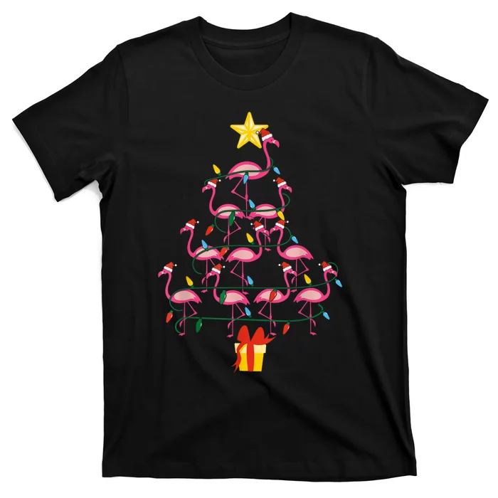 Merry Christmas Hat Santa Flamingo Light Snow Xmas Pajamas T-Shirt