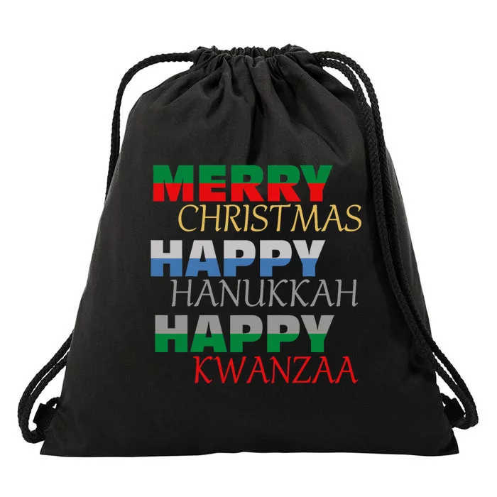 Merry Christmas Happy Hanukkah Happy Kwanzaa Holiday Drawstring Bag