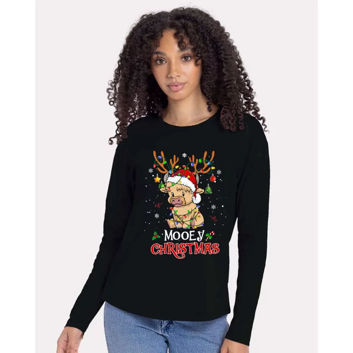 Mooey Christmas Highland Cow Xmas Light Santa Hat Womens Cotton Relaxed Long Sleeve T-Shirt