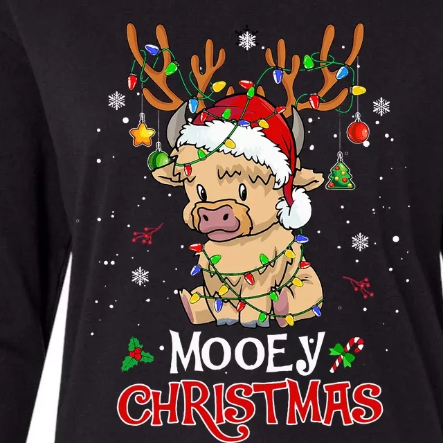 Mooey Christmas Highland Cow Xmas Light Santa Hat Womens Cotton Relaxed Long Sleeve T-Shirt