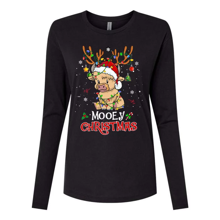 Mooey Christmas Highland Cow Xmas Light Santa Hat Womens Cotton Relaxed Long Sleeve T-Shirt