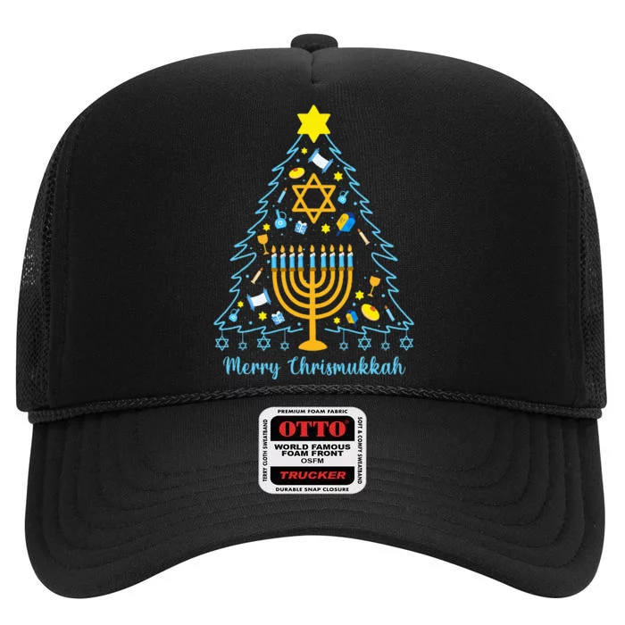 Merry Chrismukkah Happy Hanukkah Christmas Santa Hat Menorah High Crown Mesh Trucker Hat