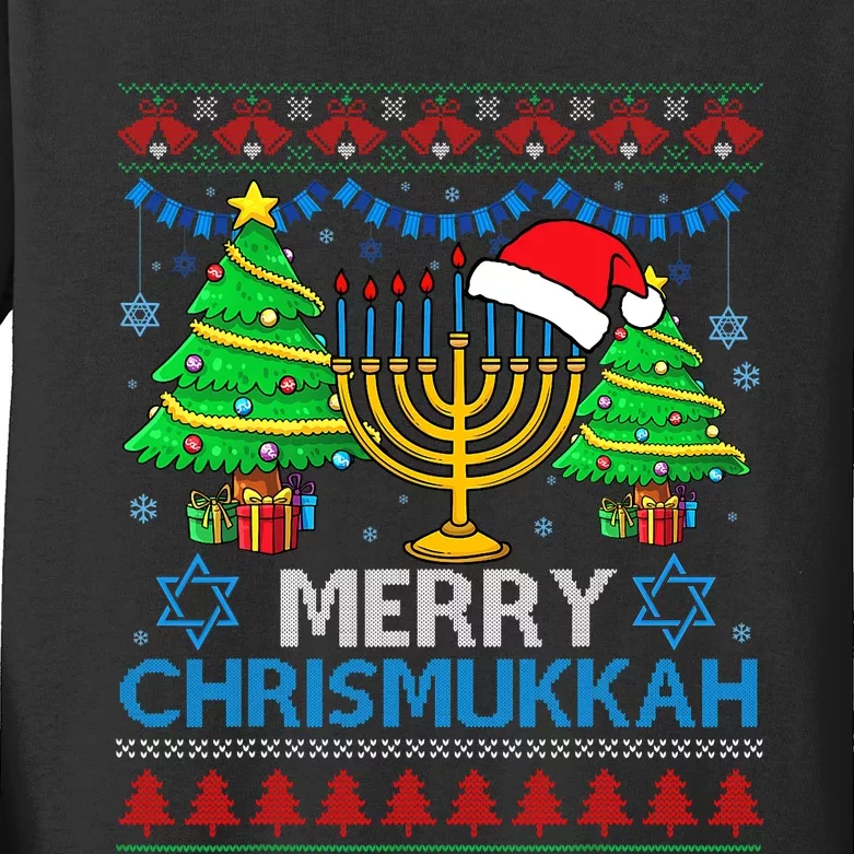 Merry Chrismukkah Happy Hanukkah Christmas Santa Hat Kids Long Sleeve Shirt