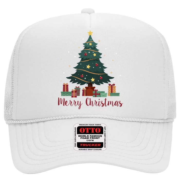 Merry Christmas Holiday Tree Festive High Crown Mesh Trucker Hat