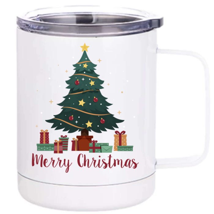 Merry Christmas Holiday Tree Festive Front & Back 12oz Stainless Steel Tumbler Cup