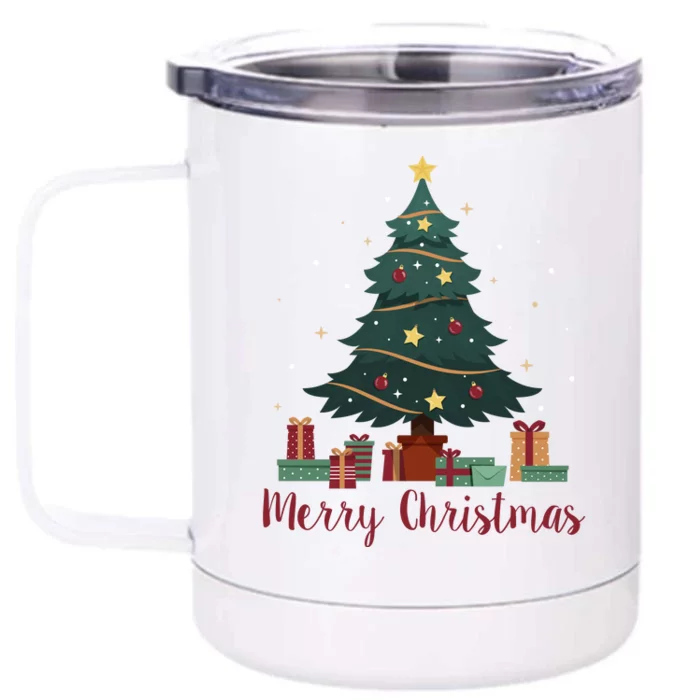 Merry Christmas Holiday Tree Festive Front & Back 12oz Stainless Steel Tumbler Cup