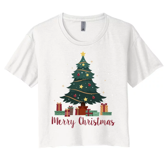 Merry Christmas Holiday Tree Festive Women's Crop Top Tee