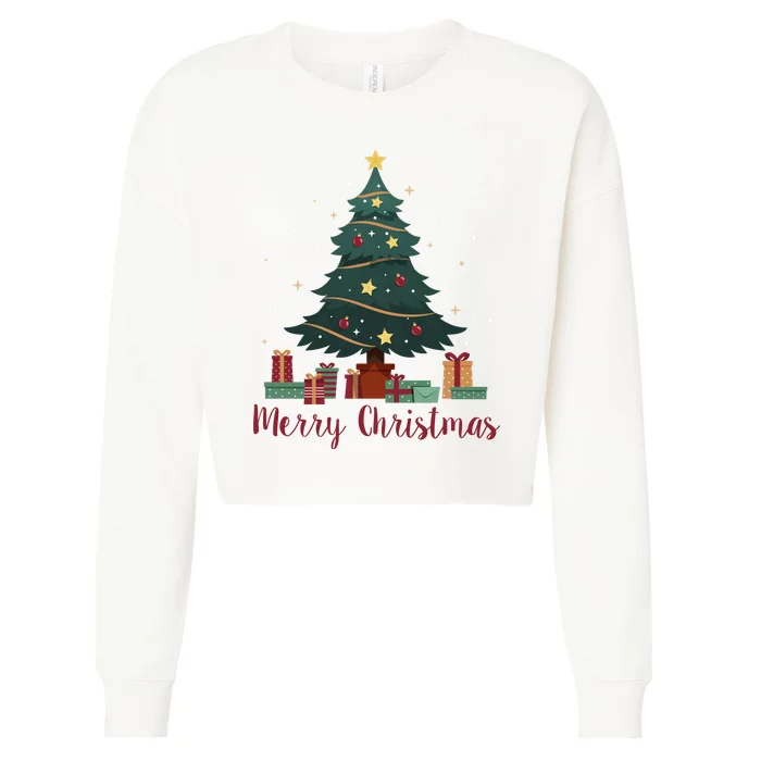 Merry Christmas Holiday Tree Festive Cropped Pullover Crew