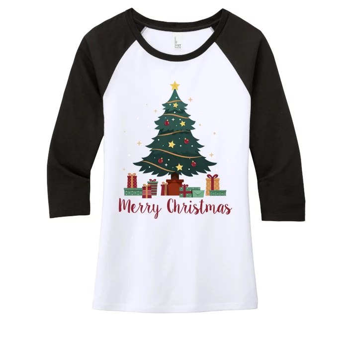 Merry Christmas Holiday Tree Festive Women's Tri-Blend 3/4-Sleeve Raglan Shirt