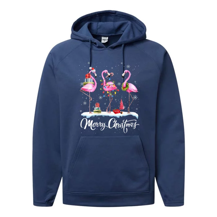 Merry Christmas Hat Santa Flamingo Light Christmas Snow Performance Fleece Hoodie