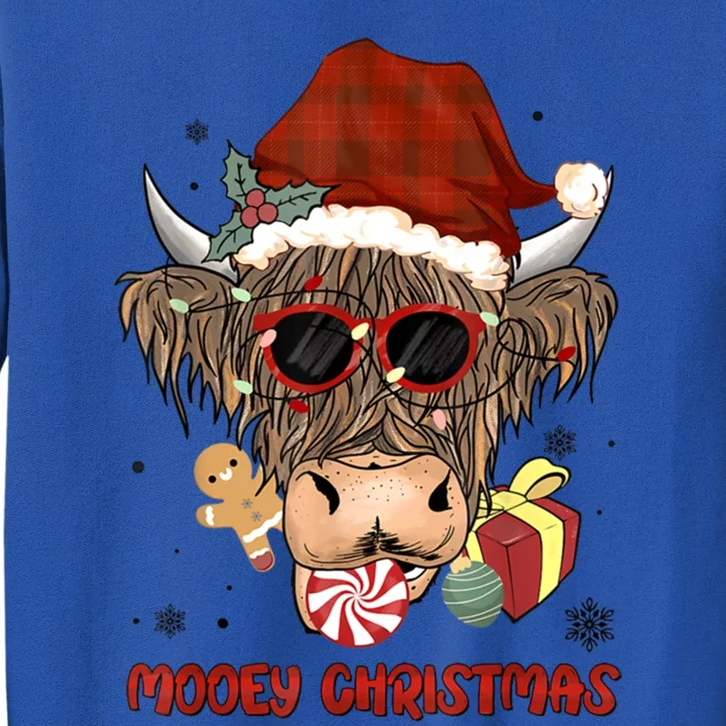 Mooey Christmas Hairy Highland Cow Xmas Light Santa Hat Cool Gift Tall Sweatshirt