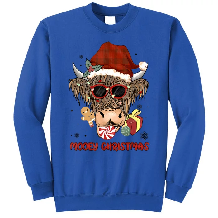 Mooey Christmas Hairy Highland Cow Xmas Light Santa Hat Cool Gift Tall Sweatshirt