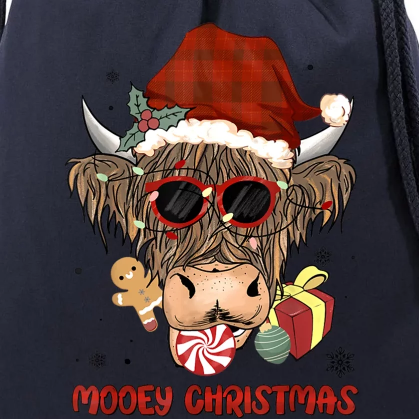 Mooey Christmas Hairy Highland Cow Xmas Light Santa Hat Cool Gift Drawstring Bag