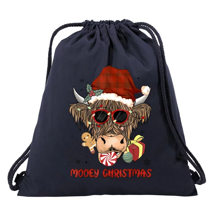 Mooey Christmas Hairy Highland Cow Xmas Light Santa Hat Cool Gift Drawstring Bag