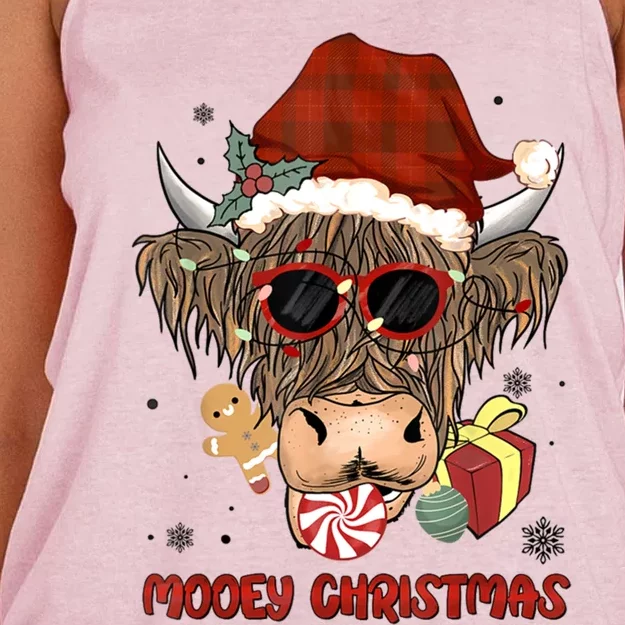 Mooey Christmas Hairy Highland Cow Xmas Light Santa Hat Cool Gift Women's Knotted Racerback Tank