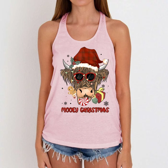 Mooey Christmas Hairy Highland Cow Xmas Light Santa Hat Cool Gift Women's Knotted Racerback Tank