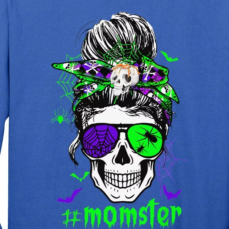 Momster Costume Halloween Skull Mom Messy Hair Bun Monster Tall Long Sleeve T-Shirt