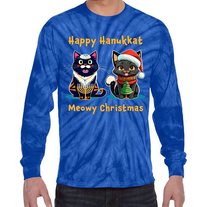 Merry Christmas Happy Hanukkah Jewish Christian Cat Lovers Tie-Dye Long Sleeve Shirt