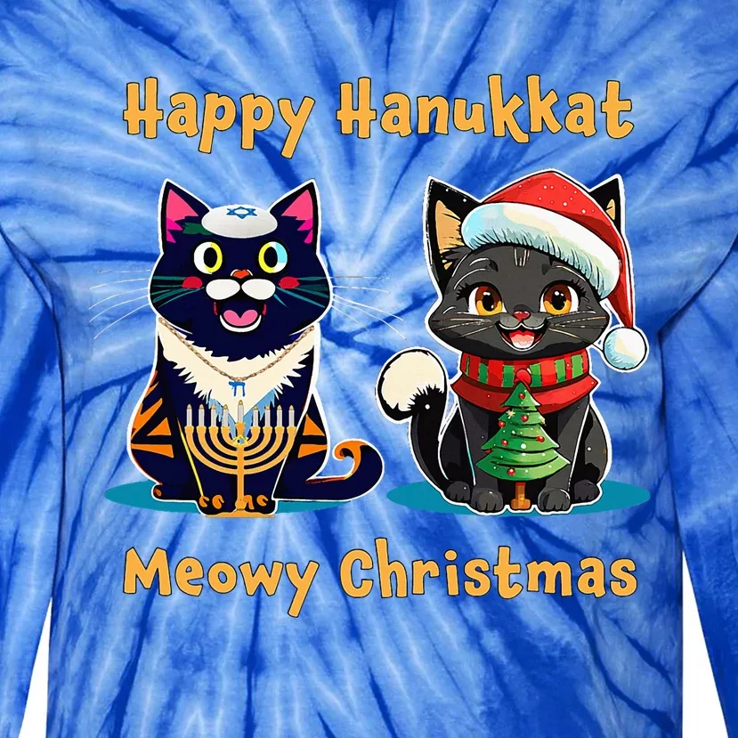 Merry Christmas Happy Hanukkah Jewish Christian Cat Lovers Tie-Dye Long Sleeve Shirt