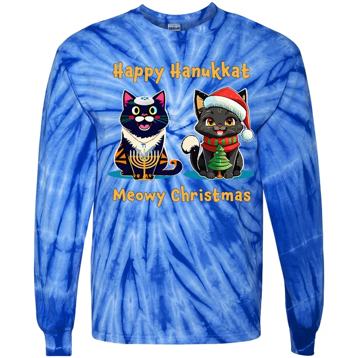 Merry Christmas Happy Hanukkah Jewish Christian Cat Lovers Tie-Dye Long Sleeve Shirt