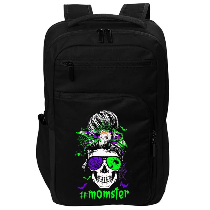 Momster Costume Halloween Skull Mom Messy Hair Bun Monster Impact Tech Backpack