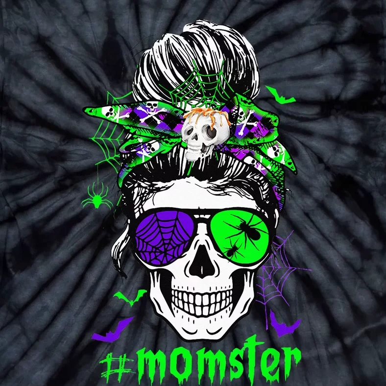 Momster Costume Halloween Skull Mom Messy Hair Bun Monster Tie-Dye T-Shirt