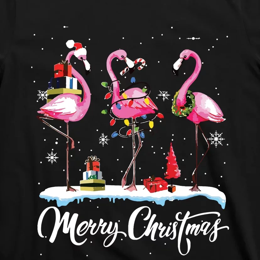 Merry Christmas Hat Santa Flamingo Light Snow Xmas Pajamas T-Shirt