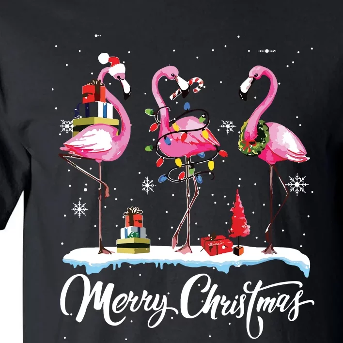 Merry Christmas Hat Santa Flamingo Light Snow Xmas Pajamas Tall T-Shirt