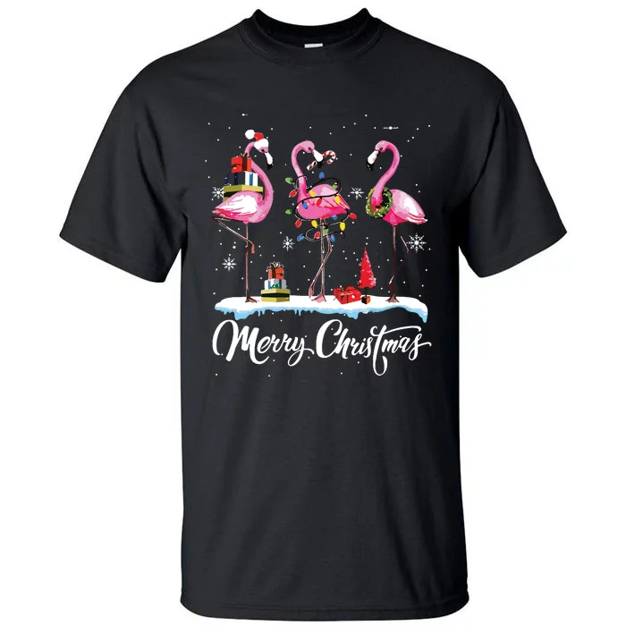 Merry Christmas Hat Santa Flamingo Light Snow Xmas Pajamas Tall T-Shirt