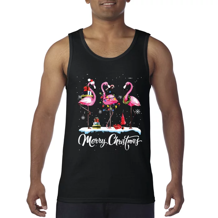 Merry Christmas Hat Santa Flamingo Light Snow Xmas Pajamas Tank Top