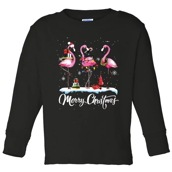 Merry Christmas Hat Santa Flamingo Light Snow Xmas Pajamas Toddler Long Sleeve Shirt