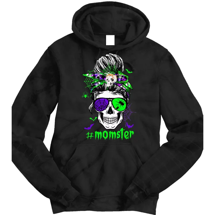 Momster Costume Halloween Skull Mom Messy Hair Bun Monster Tie Dye Hoodie