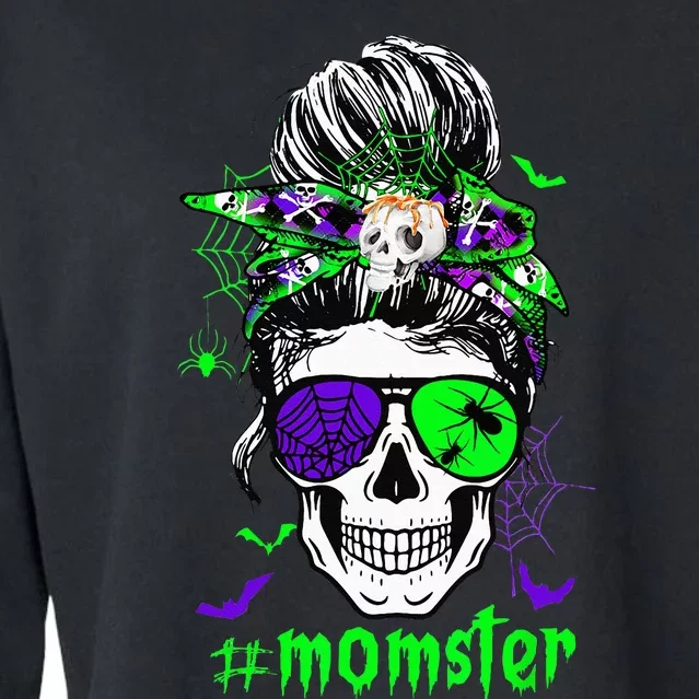 Momster Costume Halloween Skull Mom Messy Hair Bun Monster Cropped Pullover Crew