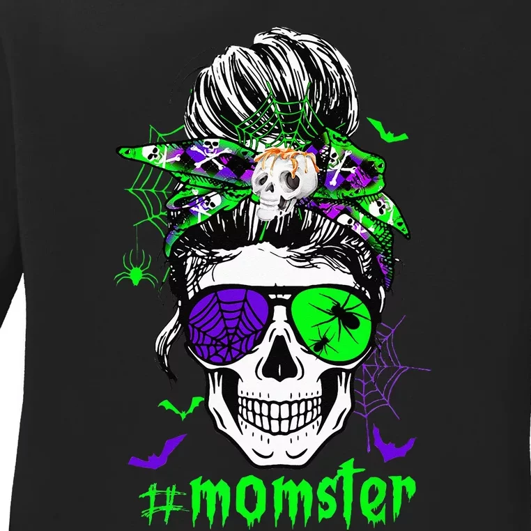 Momster Costume Halloween Skull Mom Messy Hair Bun Monster Ladies Long Sleeve Shirt