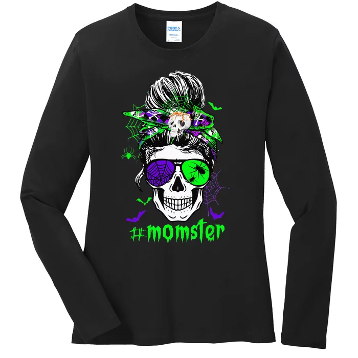 Momster Costume Halloween Skull Mom Messy Hair Bun Monster Ladies Long Sleeve Shirt