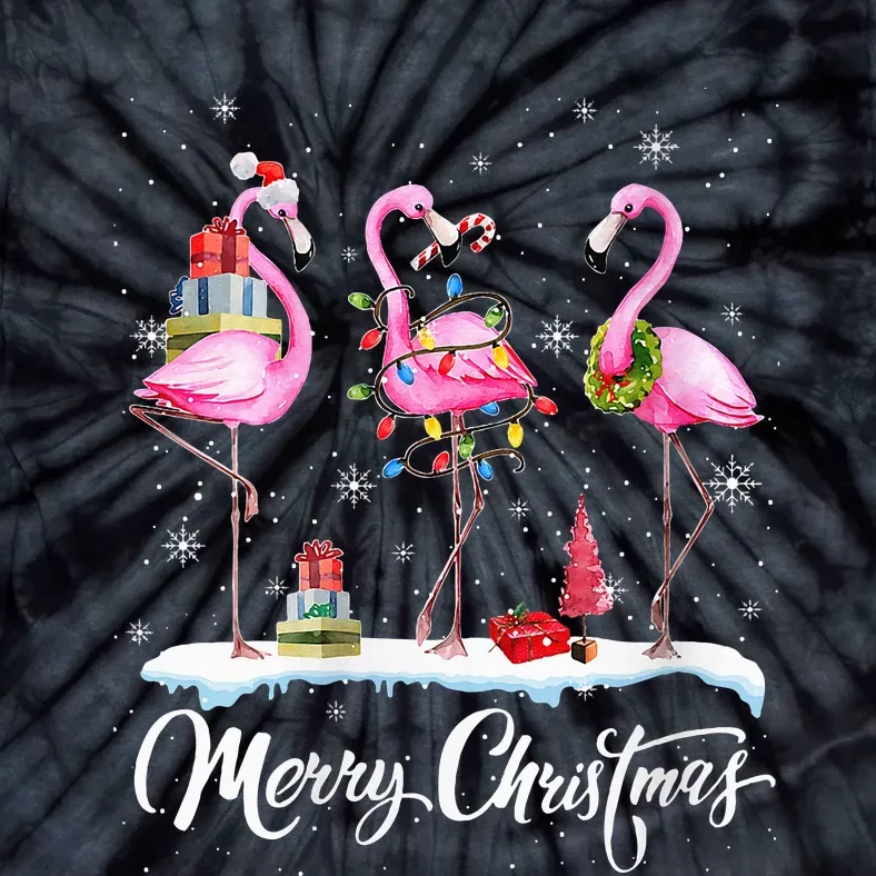 Merry Christmas Hat Santa Flamingo Light Christmas Snow Tie-Dye T-Shirt