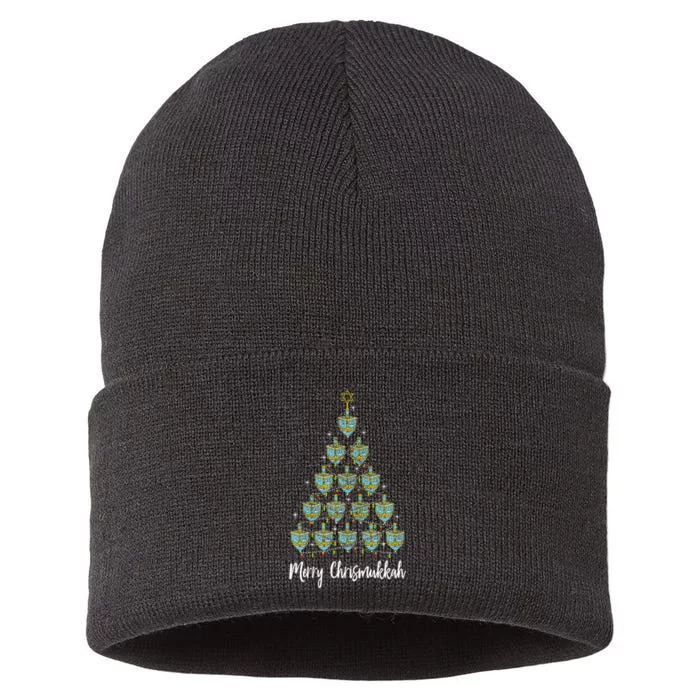 Merry Chrismukkah Hanukkah Dreidel Christmas Tree Chanukah Sustainable Knit Beanie