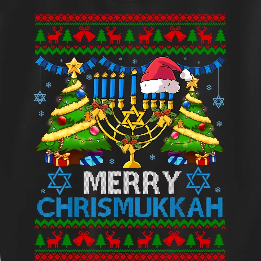 Merry Chrismukkah Happy Hanukkah Christmas Menorah Santa Hat Long Sleeve Kids Sweatshirt