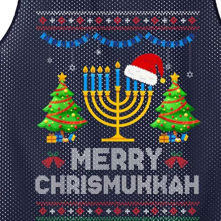 Merry Chrismukkah Happy Hanukkah Christmas Santa Hat Menorah Mesh Reversible Basketball Jersey Tank