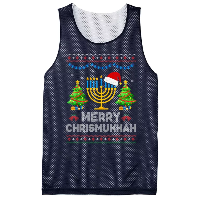 Merry Chrismukkah Happy Hanukkah Christmas Santa Hat Menorah Mesh Reversible Basketball Jersey Tank