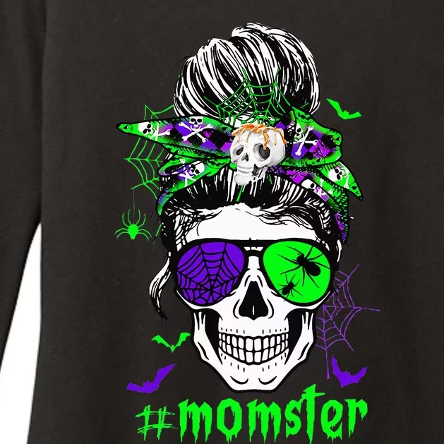 Momster Costume Halloween Skull Mom Messy Hair Bun Monster Womens CVC Long Sleeve Shirt