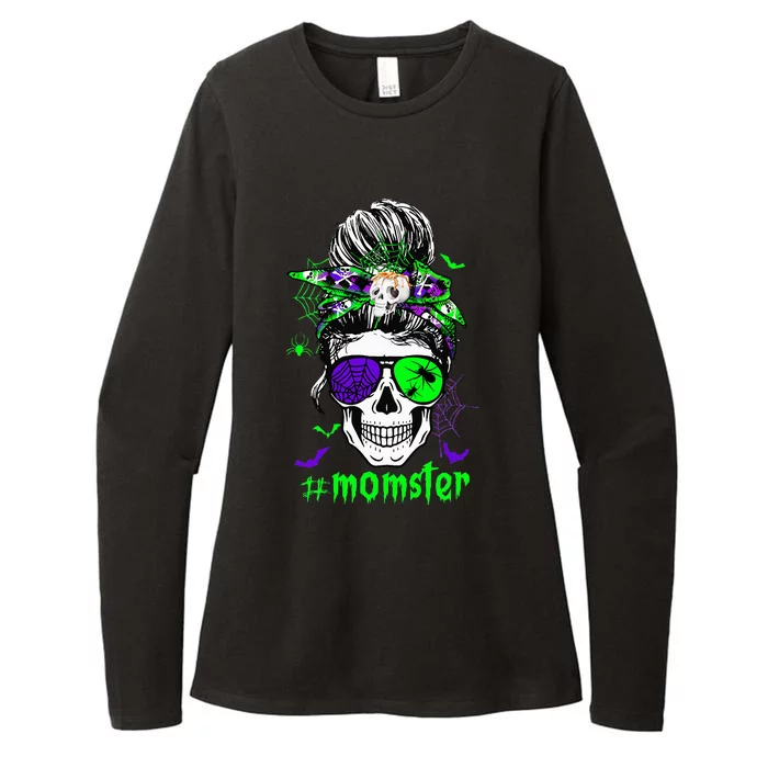 Momster Costume Halloween Skull Mom Messy Hair Bun Monster Womens CVC Long Sleeve Shirt